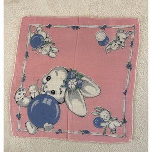 Vtg Childs Handkerchief Hankie Pink With Blue Bunny Rabbits & Balloons Children